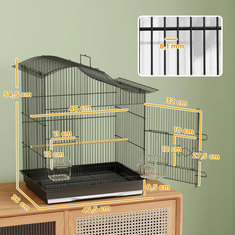 PawHut Cage pour oiseaux à 4 portes avec 2 gamelles, 2 perchoirs et bac, en métal et plastique, 47.5x36x54.5 cm, Noir