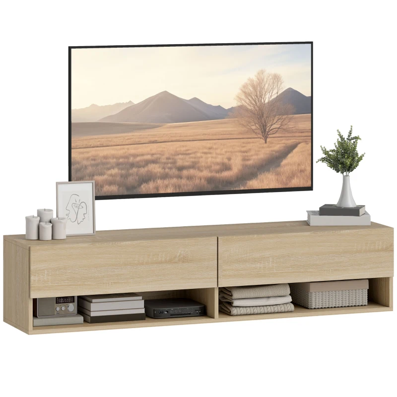 HOMCOM Mobile Sospeso per TV con 2 Cassetti Ribaltabili e 2 Ripiani Aperti, 140x32x31 cm, Legno naturale