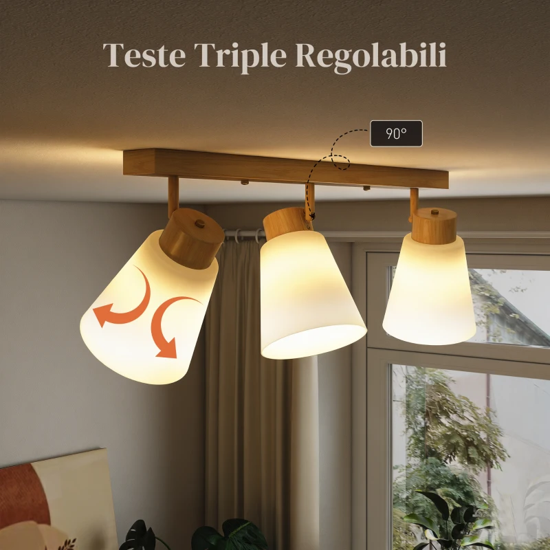 HOMCOM Lampadario da Soffitto con 3 Punti Luce Regolabili a 90° e Attacchi E27, Colore Legno