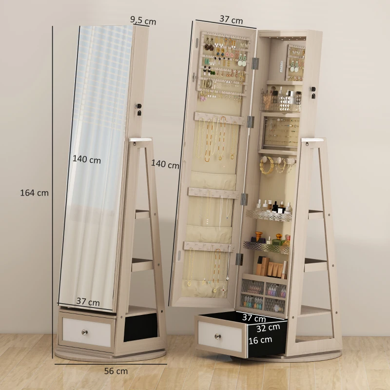 HOMCOM Miroir-armoire à bijoux avec LED Armoire à bijoux avec miroir pleine longueur Pivotant à 360° Tiroir Serrure Naturel