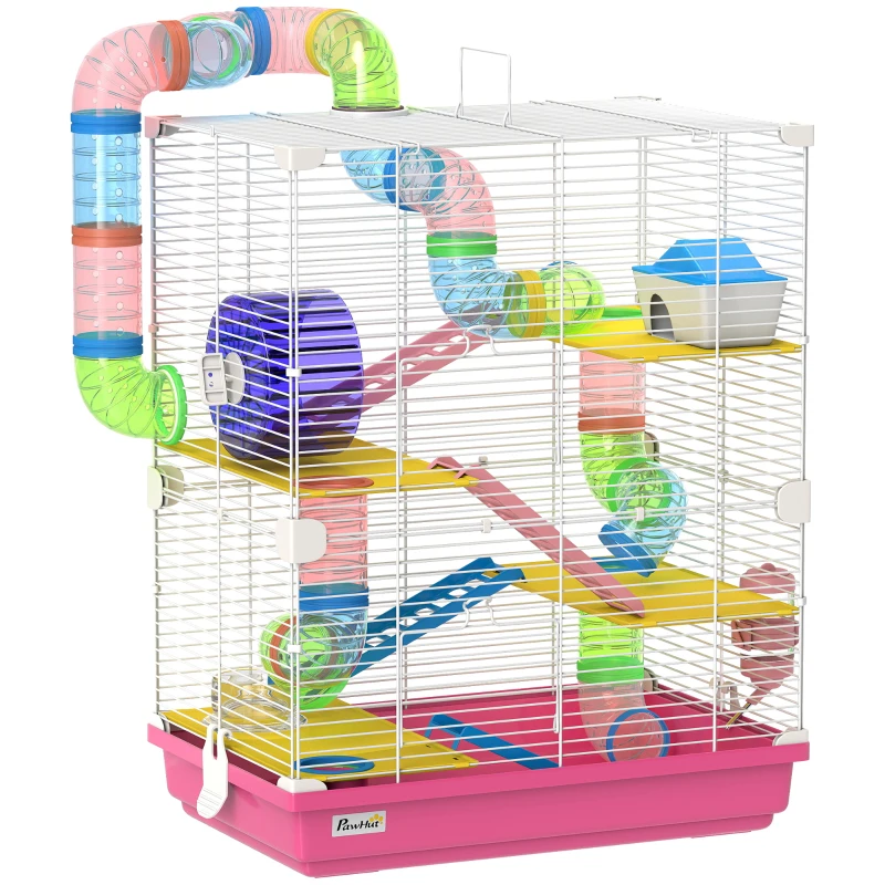 PawHut Cage pour Hámster avec Tunnel Plateformes Gamelle Abreuvoir Maisonnette Rampes et Roue d'Exercice 46x30x58 cm Rose