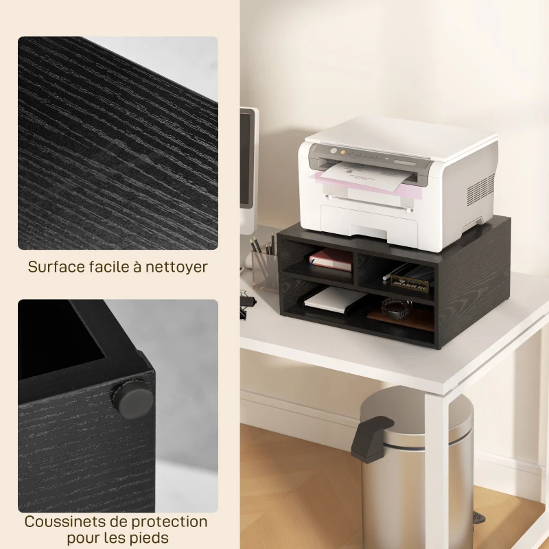 HOMCOM Organiseur bureau aspect noir avec 3 compartiments fournitures support d'imprimante 47 x 40 x 22,5 cm