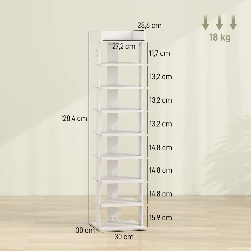 HOMCOM Estantería para zapatos 9 Ebenen organizador de zapatos de madera con balda superior y 2 ganchos, para entrada, Blanco
