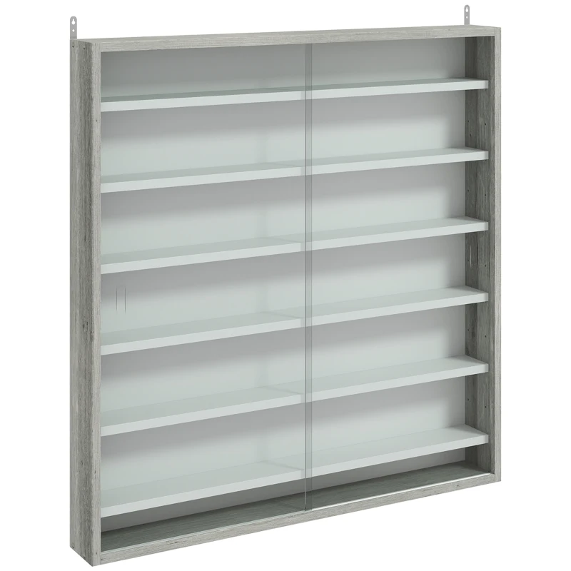HOMCOM Vitrine de rangement 5 étagères réglables en bois avec portes en verre, 80x9.5x83 cm, Blanc et Gris