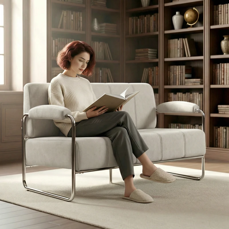 HOMCOM Canapé 2 places moderne revêtu en chenille beige, en acier, mousse et panneau multiplis, 120x73x76 cm