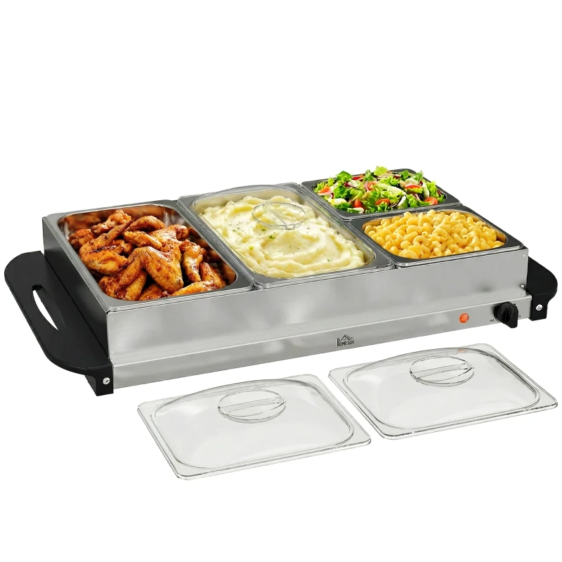 HOMCOM 4 Tray Electric Food Warmer Buffet Server with Warming Plate, Cool Touch Handles, Adjustable Temperature, 300W, 2 x 2.4L and 2 x 1L Pans