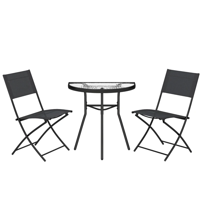 Outsunny Ensemble Bistro d'Extérieur, Mobilier de Patio 3 Pièces avec Chaises Pliantes, Table en Verre Semi-Circulaire, Noir