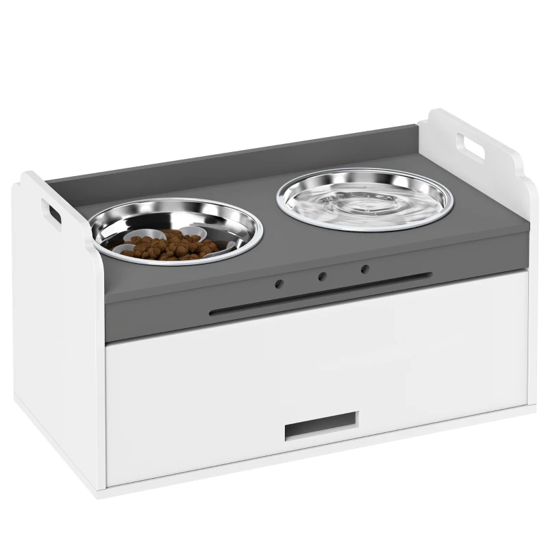 PawHut Gamelle surélevée avec armoire de rangement, 2 bols avec anneaux antidérapants, 60 x 30 x 35,5 cm, Blanc