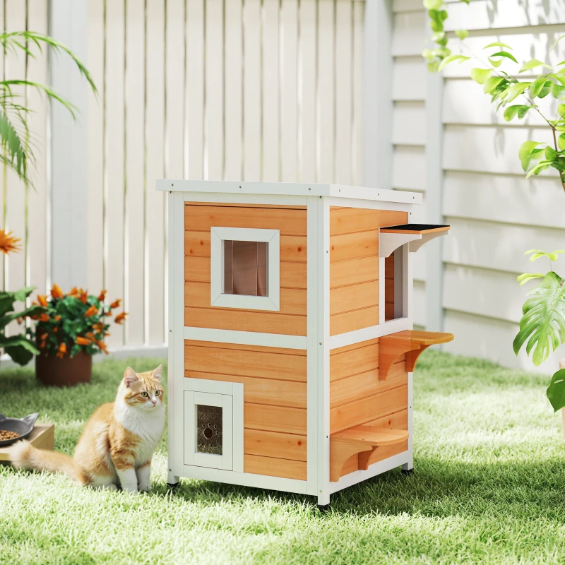 PawHut Maisonnette pour Chats en Bois Extérieure à 2 Niveaux avec Toit Rabattable Panneau Central Amovible 51x51x81,3 cm Naturel