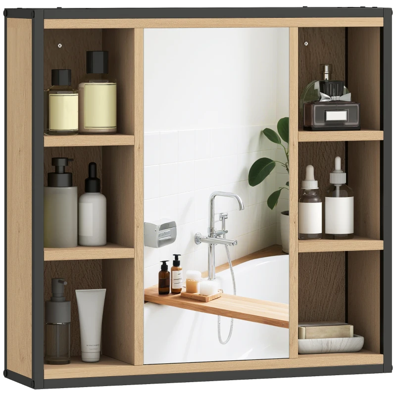 HOMCOM Specchiera bagno da parete con 6 scomparti e ripiano regolabile, Rovere