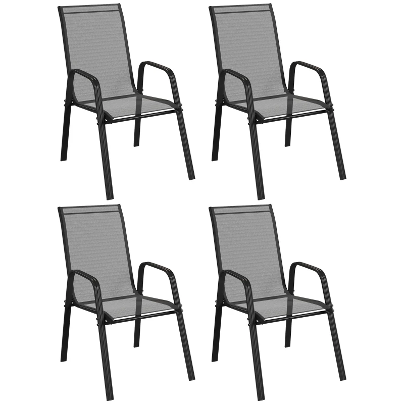 Outsunny Ensemble 4 chaises de jardin empilables et peu encombrantes avec accoudoirs en métal et tissu résille, Nero
