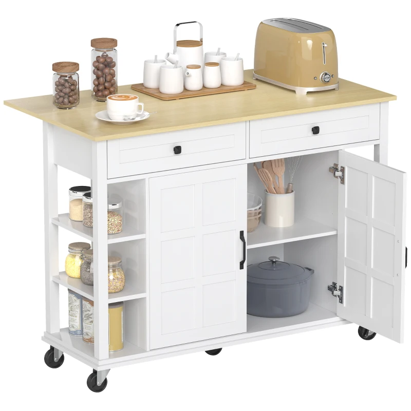 HOMCOM Isola da Cucina con 2 Cassetti 6 Ripiani Aperti, 2 Ante con Chiusura Ammortizzata, 120x65x89 cm, Bianco