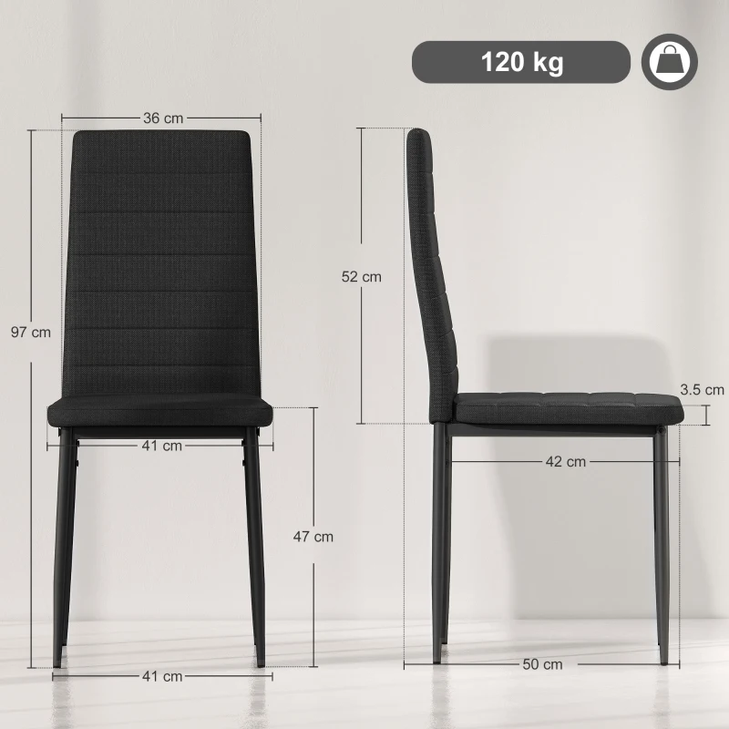 HOMCOM Set da 6 Sedie da Pranzo Moderne Rivestite in Lino Sintetico, con Schienale Alto e Gambe in Metallo, 41x50x97 cm, Nero