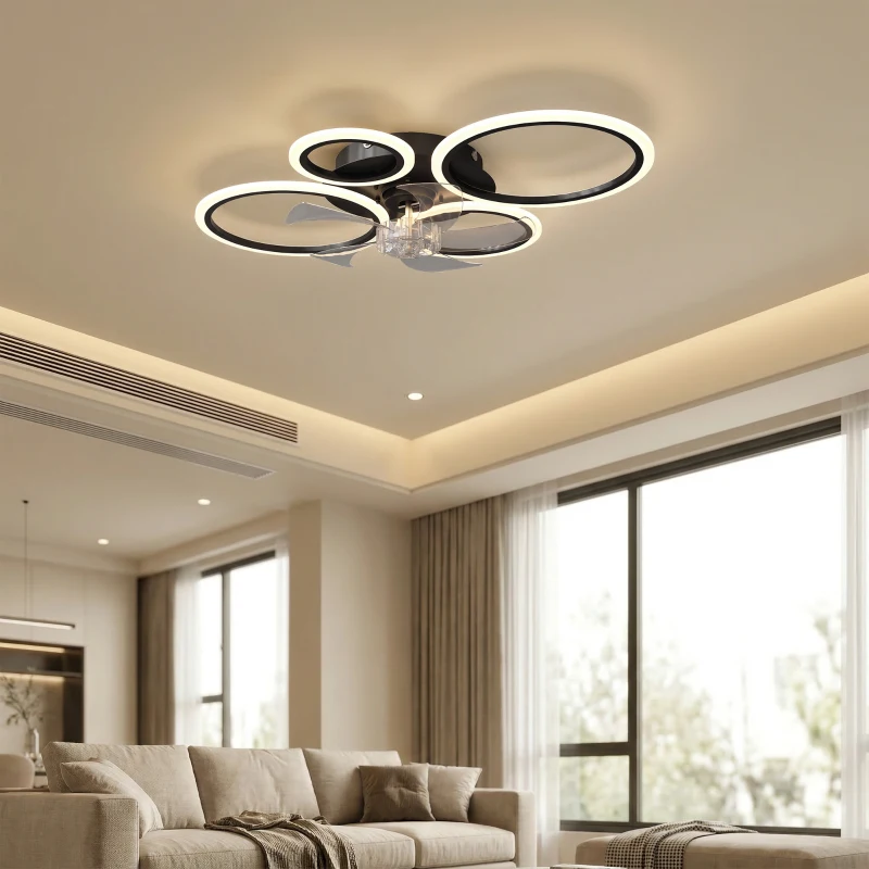 HOMCOM Ventilator de tavan cu lumină și telecomandă, Ventilator LED de tavan 77 cm cu 3 culori de lumină, 6 trepte, temporizator