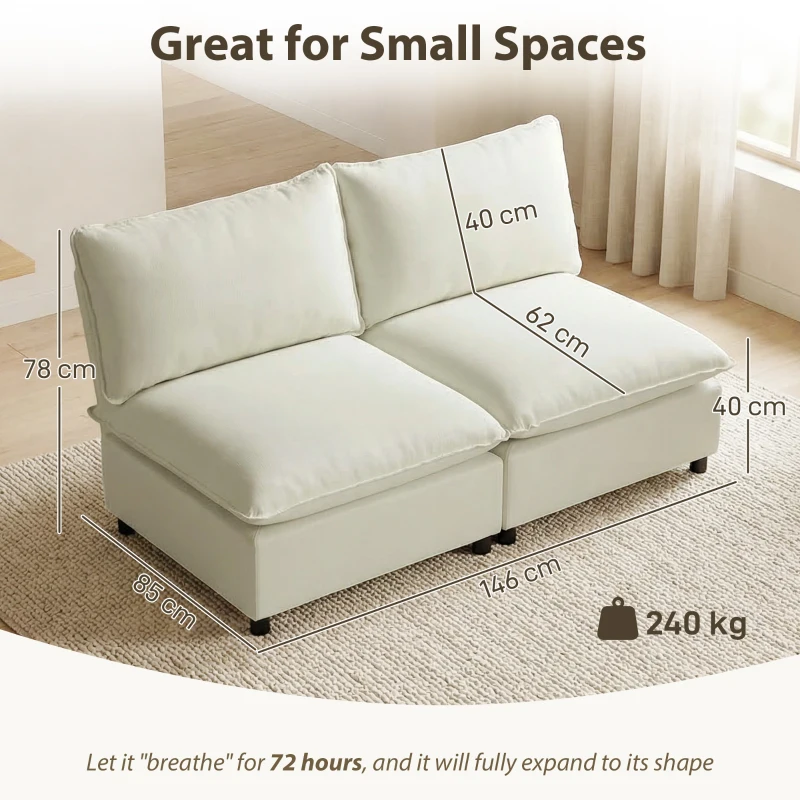 HOMCOM Canapea 2 locuri modulară, canapea de living modernă 146 cm fără brațe cu șezut larg, perne groase, crem