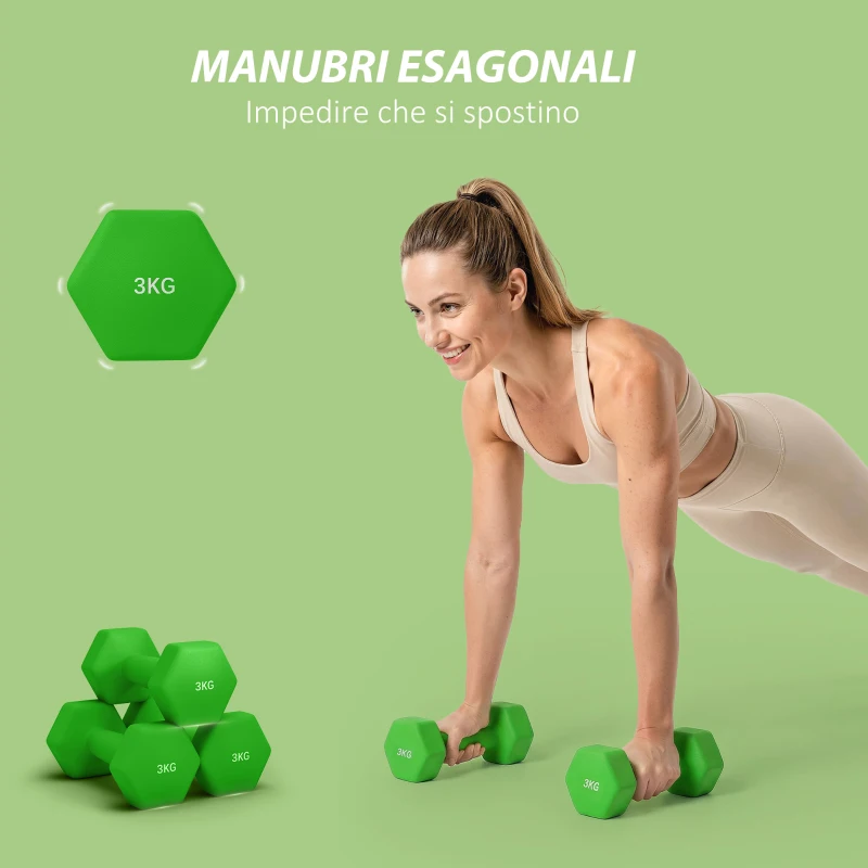 SPORTNOW Set 2 Manubri 3 kg Esagonali e Antiscivolo per Casa e Palestra, in Metallo e Plastica, 18x8x8 cm, Verde