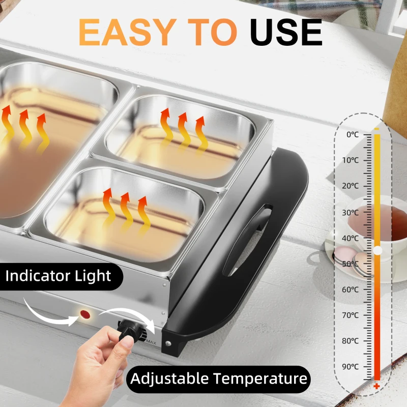 HOMCOM 4 Tray Electric Food Warmer Buffet Server with Warming Plate, Cool Touch Handles, Adjustable Temperature, 300W, 2 x 2.4L and 2 x 1L Pans