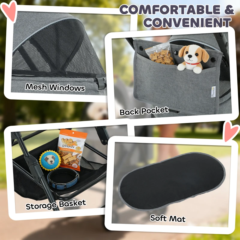 PawHut Passeggino Pieghevole 3 in 1 per Cane con Senza Cerniera e Sospensione, 69x47x101 cm, Grigio