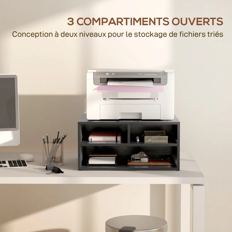HOMCOM Organiseur bureau aspect noir avec 3 compartiments fournitures support d'imprimante 47 x 40 x 22,5 cm