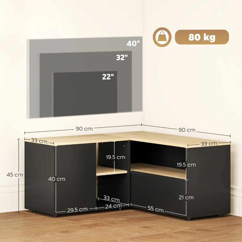 HOMCOM Mobile TV angolare con 2 armadietti e 3 nicchie, 90x90x45 cm, Rovere e Nero