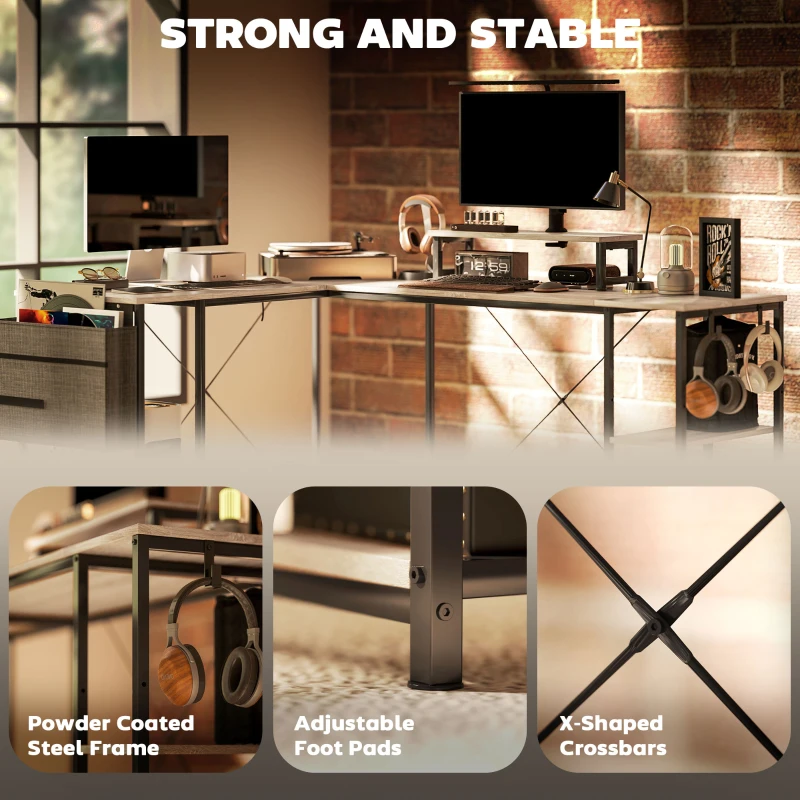 HOMCOM L-förmiger Schreibtisch, Vielseitiger Bürotisch mit einstellbaren Regalen und Aufbewahrungstasche, Monitorständer, Natur