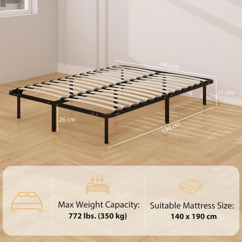HOMCOM Telaio Letto Matrimoniale in Legno Massiccio con Rete a Doghe e Piedi, Spazio Sotto, 140 x 190 cm, Nero