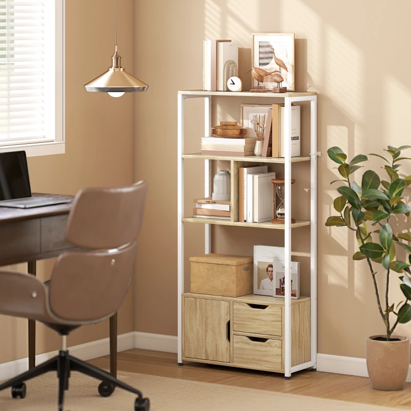 HOMCOM Bibliothèque Étagère à livres avec étagères, tiroirs et porte 58x24x122 cm Style industriel Blanc et bois naturel