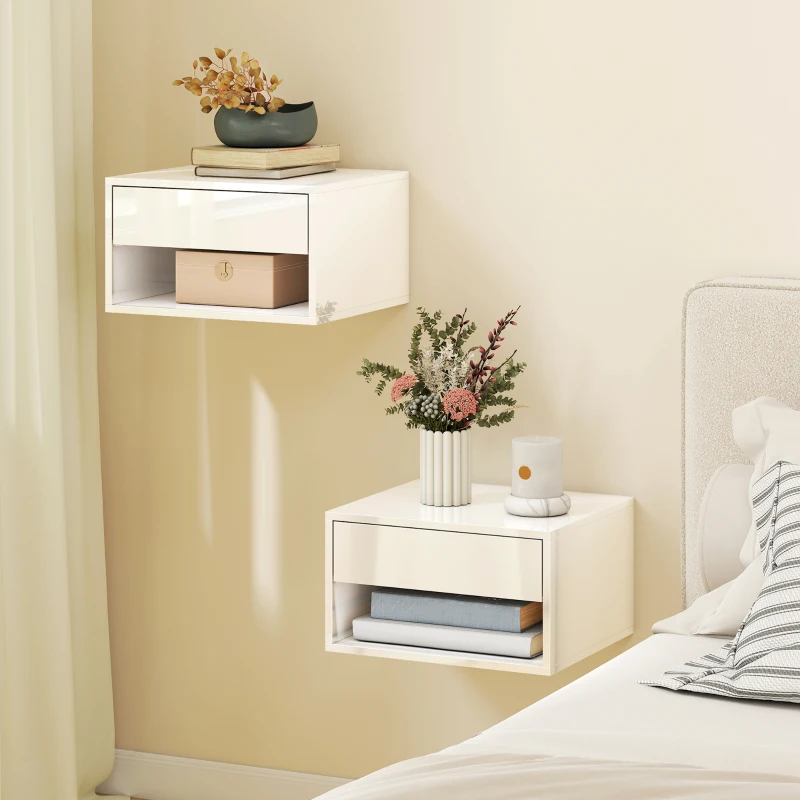 HOMCOM Set de 2 noptiere murale, noptiere, sertar, compartiment deschis, blat, 37 x 32 x 21 cm, alb