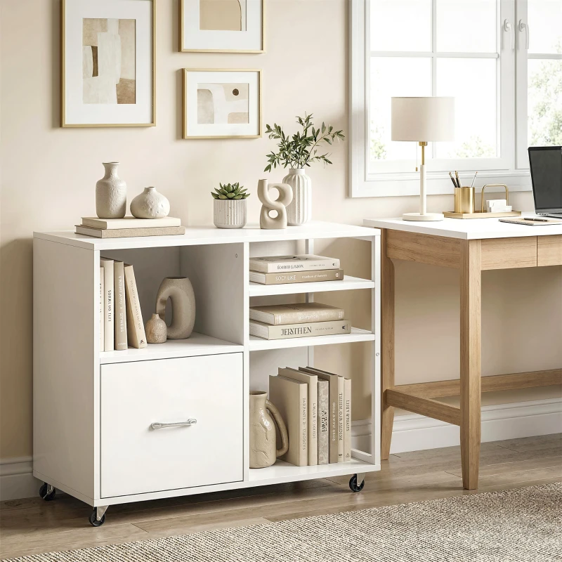 HOMCOM Móvel para Impressora com Rodas Móvel para Escritório com Prateleiras Abertas e Gaveta 80x40x65,5 cm Branco