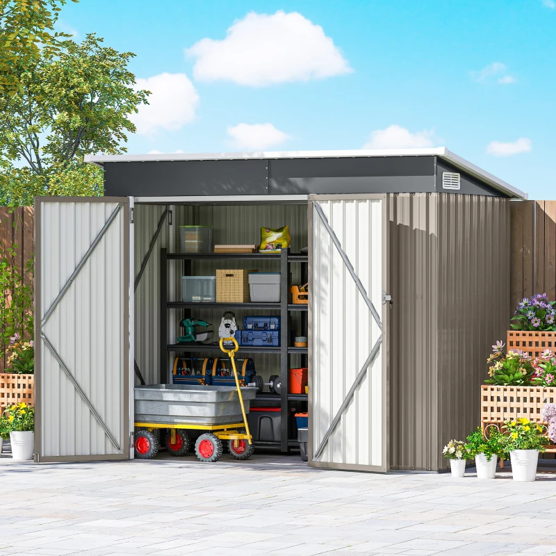 Outsunny Metall-Gartenhaus Außenschuppen dreifach verriegelbare Türen Schrägdach Belüftung 234x132x185cm grau