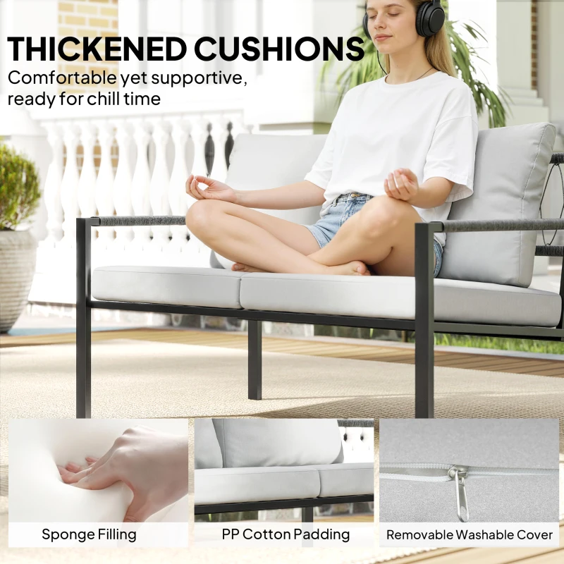 Outsunny Zestaw Mebli Ogrodowych dla 4 Osób, Balkonowy Zestaw Mebli z Dwuosobową Sofą, Fotelem, Poduszkami, Stolikami, Jasnoszary