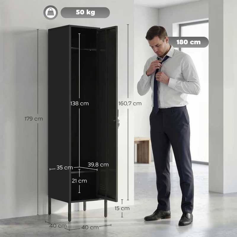 HOMCOM Casier métallique avec porte verrouillable et tringle, casier en acier individuel pour la maison ou le bureau, Noir