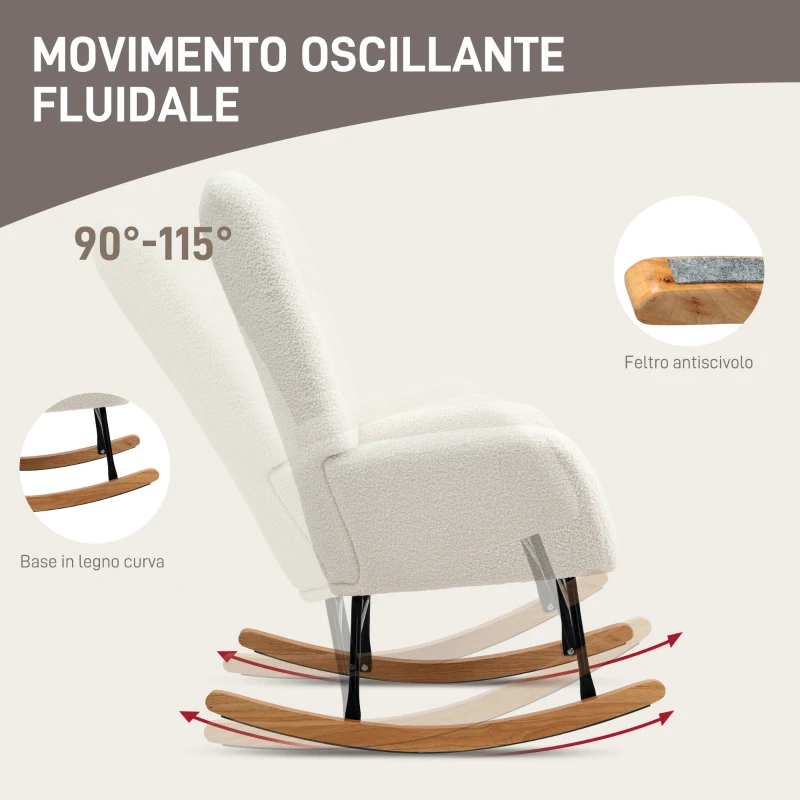 HOMCOM Sedia a Dondolo in Velluto Teddy, Metallo e Legno per Camera da Letto e Soggiorno, 70x94x100 cm, Bianco Crema