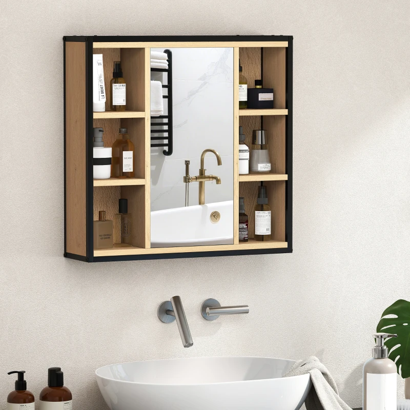 HOMCOM Specchiera bagno da parete con 6 scomparti e ripiano regolabile, Rovere