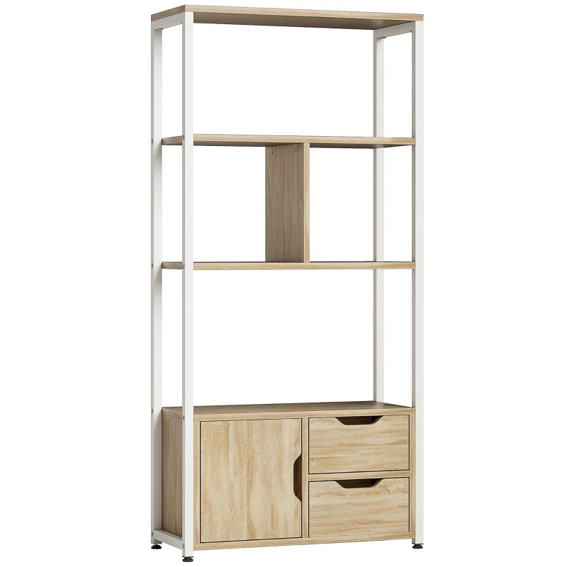 HOMCOM Bibliothèque Étagère à livres avec étagères, tiroirs et porte 58x24x122 cm Style industriel Blanc et bois naturel