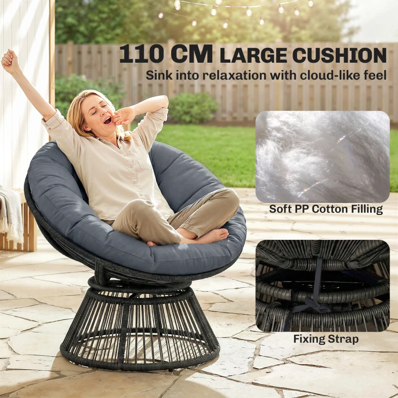 Outsunny Fotel Papasan 360° obrotowy fotel z poduszką stalowa rama fotel z rattanu wypoczynkowy szary