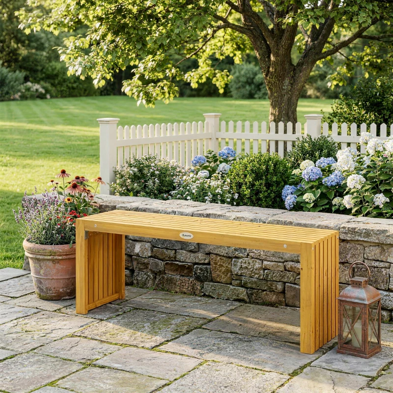 Outsunny Banc de Jardin en Bois d'Acacia sans Dossier 2 Places, Assise à Lattes Effet Bois, 110x30x45cm, Bois naturel