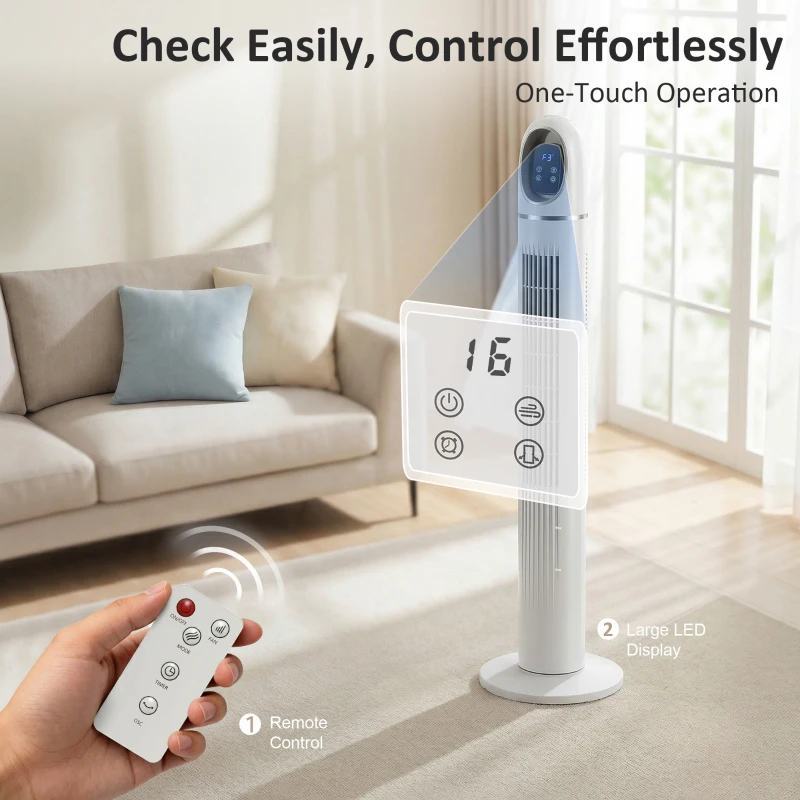 HOMCOM Torenventilator voor Slaapkamer, Staande Ventilator met 70° Oscillatie, 3 Modi, 3 Snelheden, 24-uurs Timer, Wit