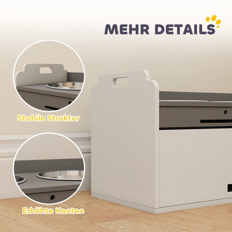 PawHut Gamelle surélevée avec armoire de rangement, 2 bols avec anneaux antidérapants, 60 x 30 x 35,5 cm, Blanc