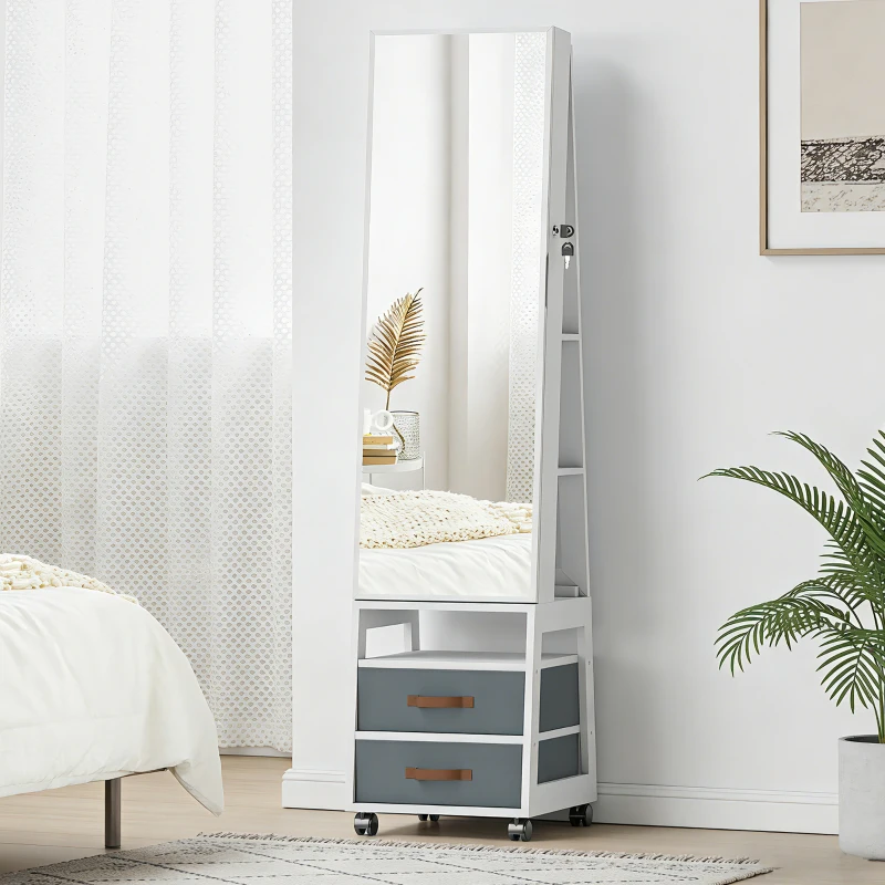 HOMCOM Miroir-coffre à bijoux avec LED intérieures Roulettes Pivotante 360° Étagères ouvertes Tiroirs en tissu Blanc