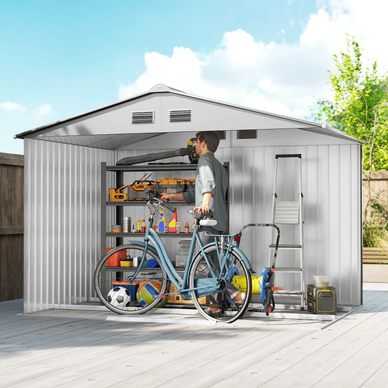Outsunny Abri de jardin extérieur 4,9 m² 277x195x192 cm avec porte coulissante ventilation et kit de fondation Gris