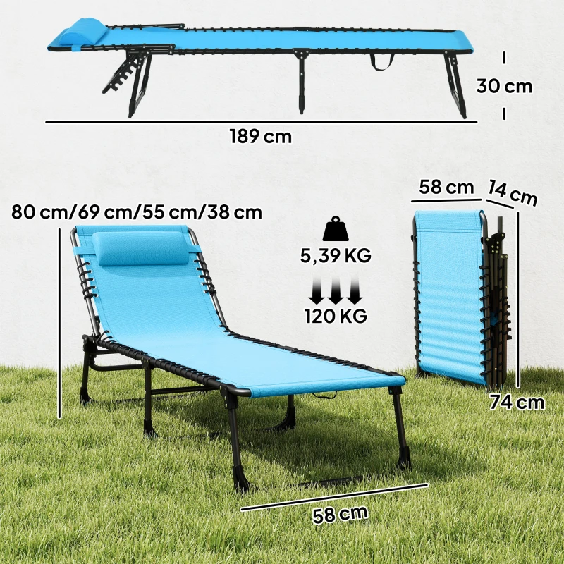 Outsunny Chaise longue pliante, revêtement respirant, cadre métallique, 189 x 58 x 30 cm, Bleu