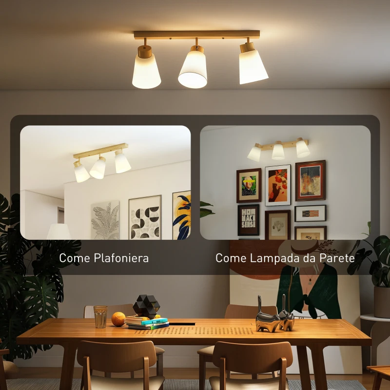 HOMCOM Lampadario da Soffitto con 3 Punti Luce Regolabili a 90° e Attacchi E27, Colore Legno