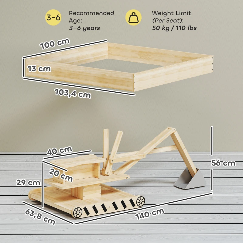 AIYAPLAY Sandkasten für Kinder aus Holz mit Bagger, Kindersandkasten mit 360°-drehbarem Sitz und Auskleidung 184x90x56 cm Natur