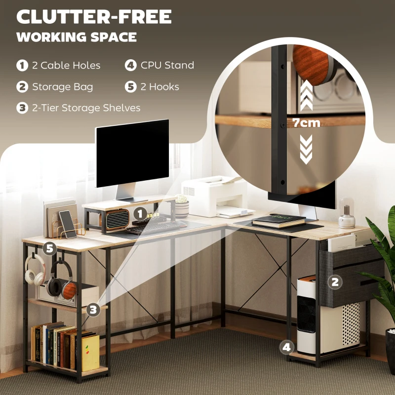 HOMCOM L-förmiger Schreibtisch, Vielseitiger Bürotisch mit einstellbaren Regalen und Aufbewahrungstasche, Monitorständer, Natur