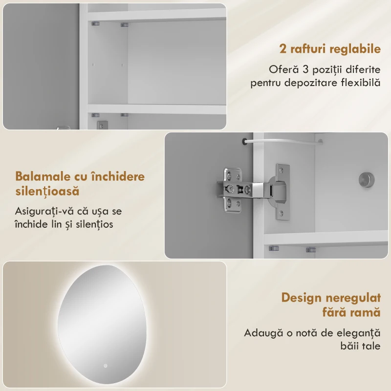 HOMCOM Dulap Baie LED, Anti-Condens, Iluminare Reglabilă 3 Tonuri, Alb, Montare pe Perete