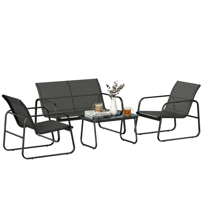 Outsunny 4‑teiliges Gartenmöbel-Set mit 2‑Sitzer-Sofa, 2 Sesseln, Tisch mit gehärtetem Glas, Textilene, Dunkelgrau