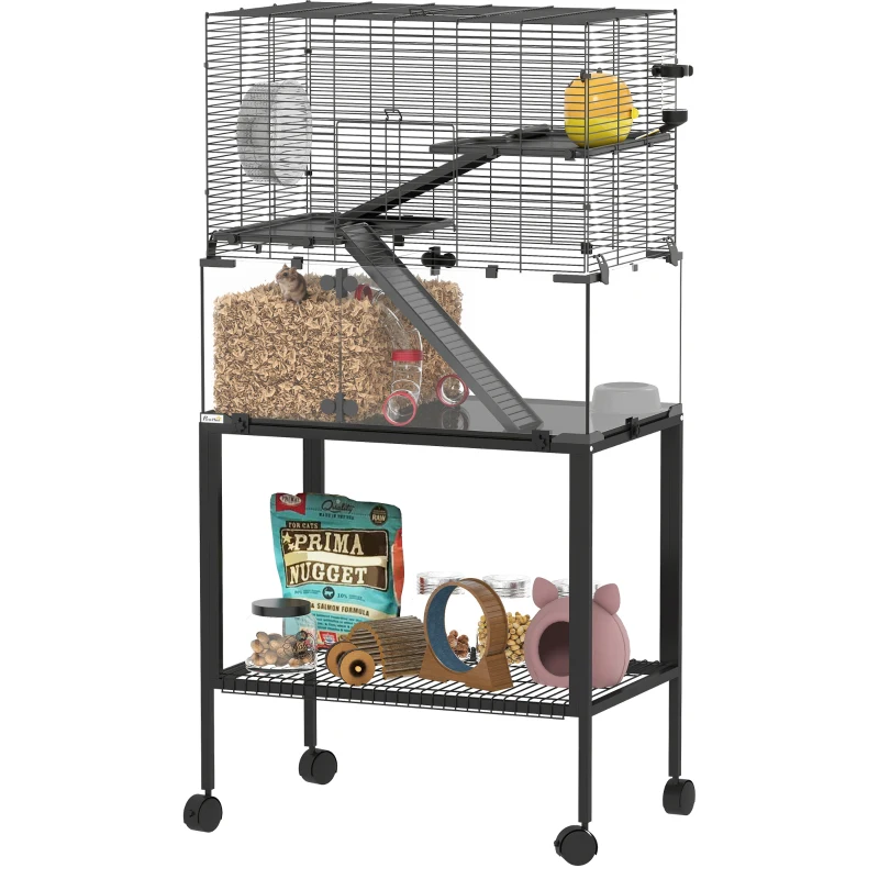 PawHut Cage pour hamster, enclos pour petits animaux à 3 niveaux, roue, hutte, plateformes, rampes, gamelle, bouteille d'eau, accessoires, acier, plastique, Noir