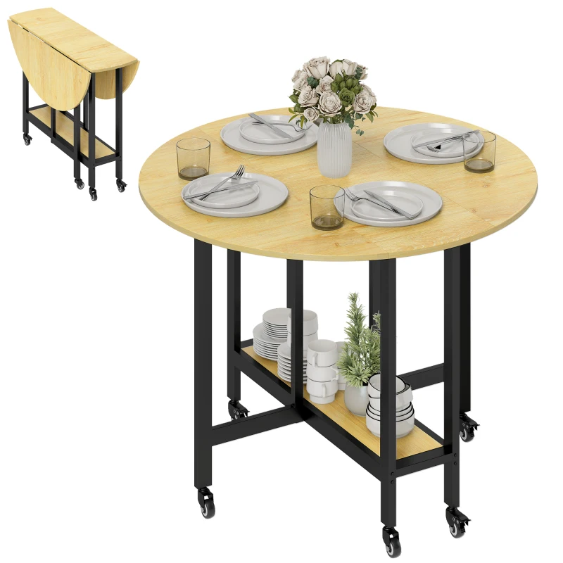 HOMCOM Masă de dining pliabilă pe roți, masă de bucătărie pentru 4 persoane cu poliță integrată, 100 x 100 x 75 cm, stejar