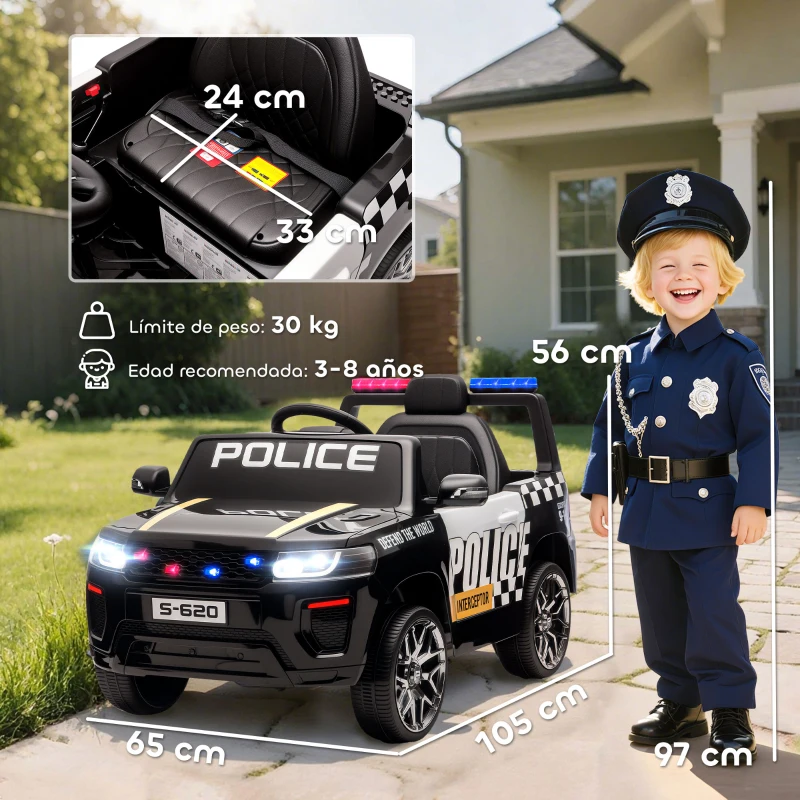 AIYAPLAY Voiture électrique pour enfants de police avec télécommande, double moteur, sirène, suspension 4 roues et phares Noir